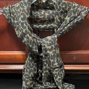 Vintage sheer 56” x 13” olive green and black Leopard Print Scarf